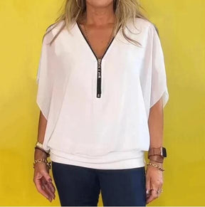 Camisa casual feminina de chiffon com gola alta e zíper [059] - Camisa casual feminina de chiffon com gola alta e zíper Miazzi 