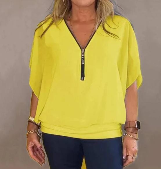 Camisa casual feminina de chiffon com gola alta e zíper [059] - Camisa casual feminina de chiffon com gola alta e zíper Miazzi Amarelo G - Busto: 105-110cm 