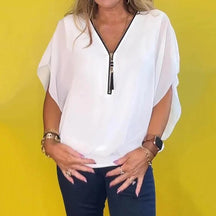 Camisa casual feminina de chiffon com gola alta e zíper [059] - Camisa casual feminina de chiffon com gola alta e zíper Miazzi Branco GG - Busto: 110-115cm 