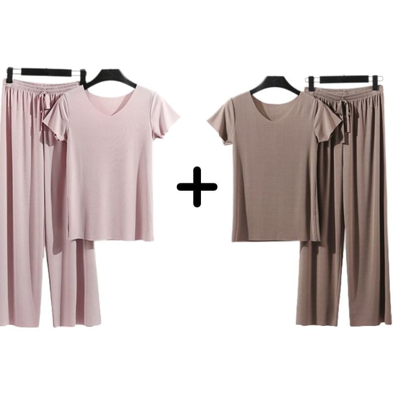 Compre 1 Leve 2 Conjunto Feminino Verão Conforto [020] -Compre 1 Leve 2 Conjunto Feminino Verão Conforto Miazzi Lilás + Caqui PP (40-50kg) 